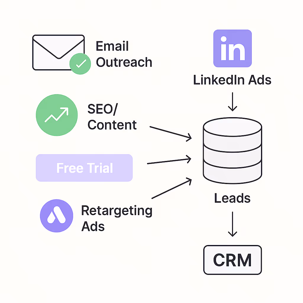 B2B lead generation visual showing multiple inbound and outbound channels including email, LinkedIn ads, SEO, free trials, and retargeting driving leads into a CRM.